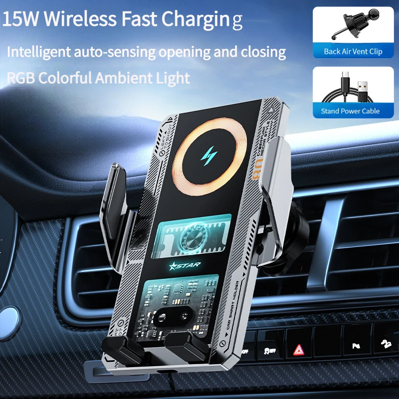 

Transparent Car Wireless Charger Mount, Auto Sensing LED Air Vent Phone Holder, 15W Fast Charging for iPhone Samsung Android