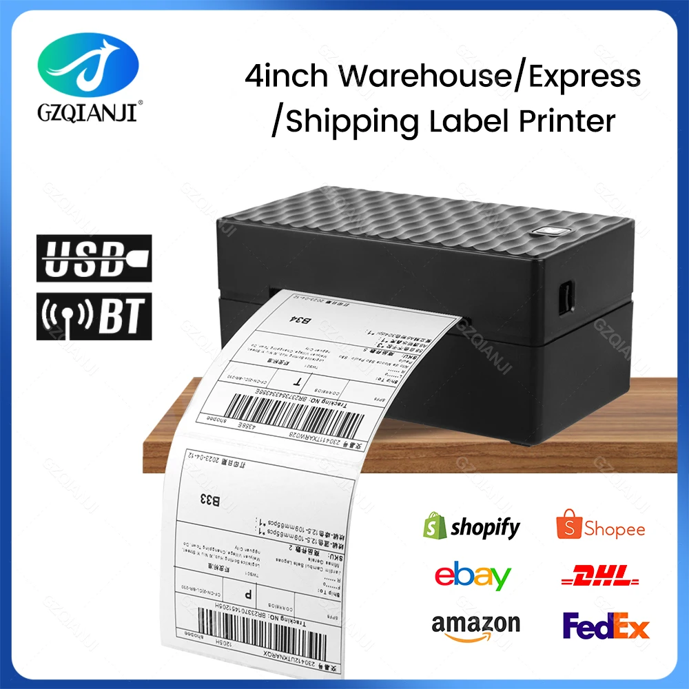 GZQIANJI 4inch USB Bluetooth Wireless Label Shipping Printer Maker With Self-adhesive Label for Business Barcode Express Print