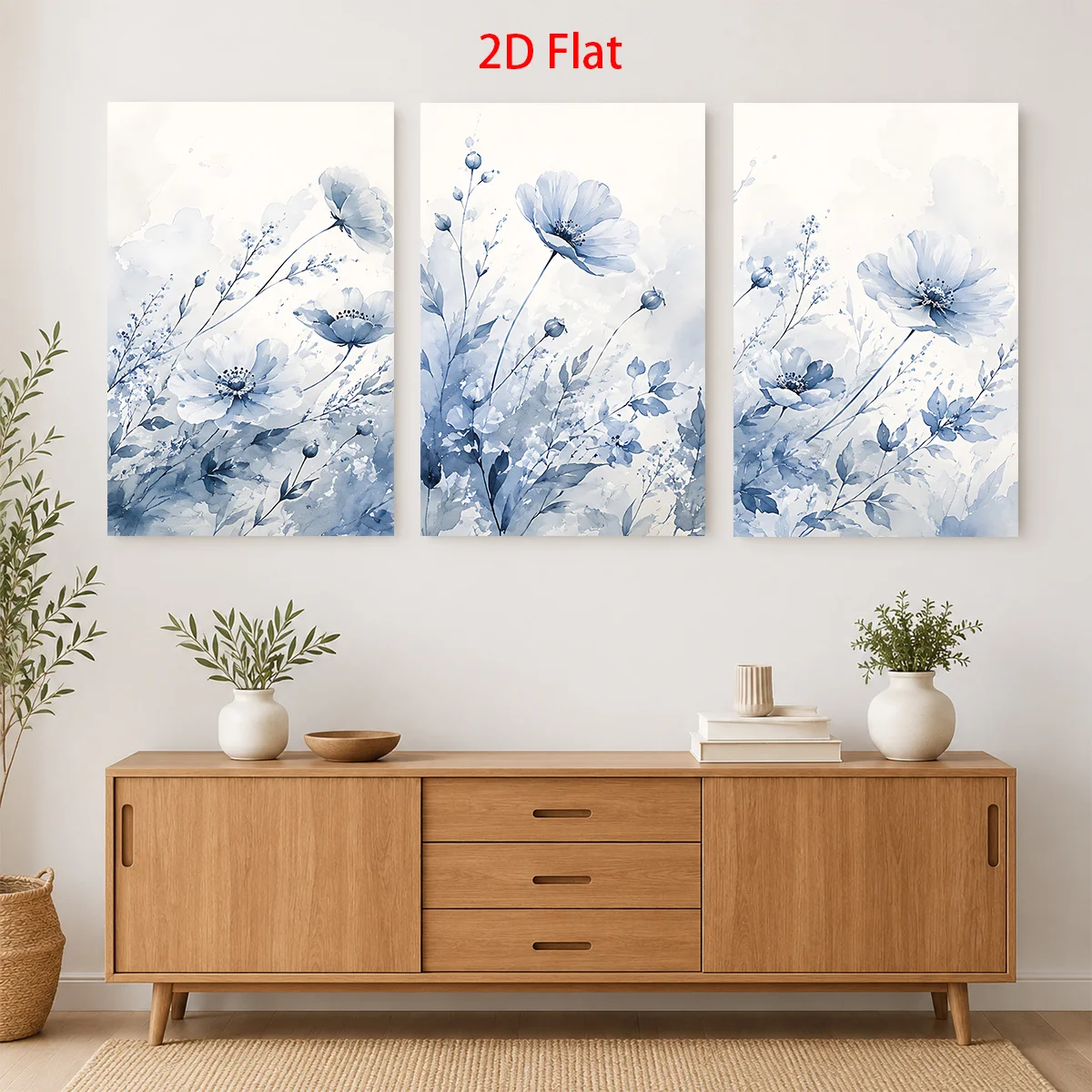 (No frame)2D Flat 3PCS- Three blue and white watercolor flower paintings on wall Themed Canvas Wall Art, Waterproof Canvas Pr