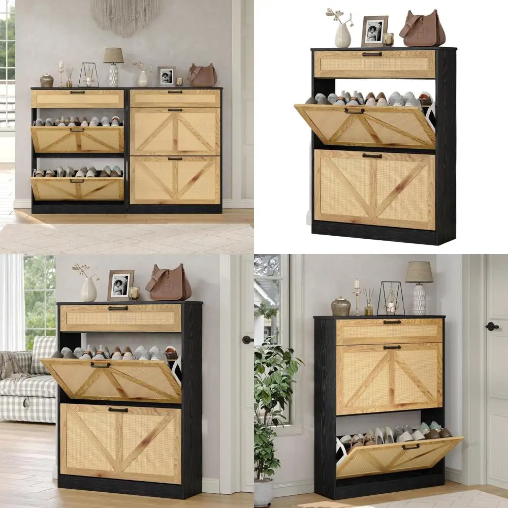

Black Farmhouse-Style Shoe Storage Cabinet with 2 Rattan Drawers for Hallway, Entryway, and Foyer