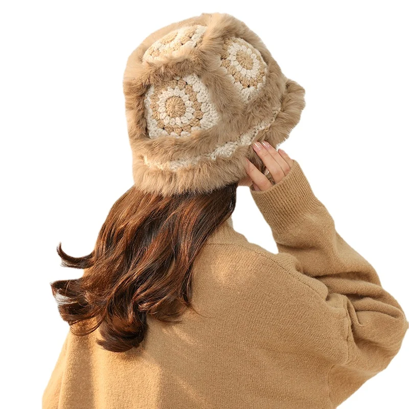 Women Winter Beanies Crochet Knit Real Rabbit Fur Panama Hats Foldable Luxury Furry Bucket Hat for Women Female Fisherman Hat