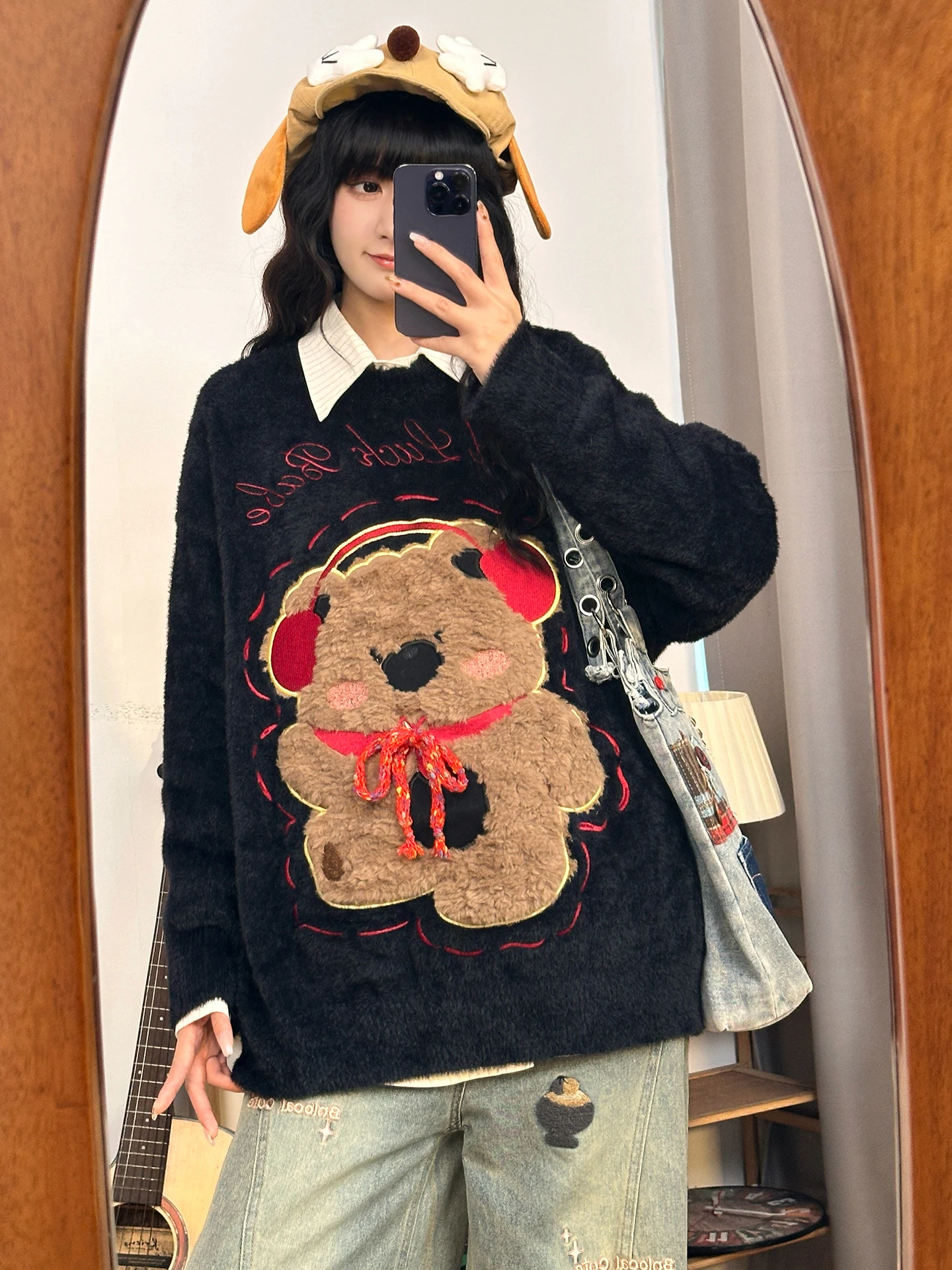 

Original Cartoon Bear Embroidered Knitted Sweater Soft Plu Autumn Winter Faion Streetwear Loose Fit round Ne Long Sve