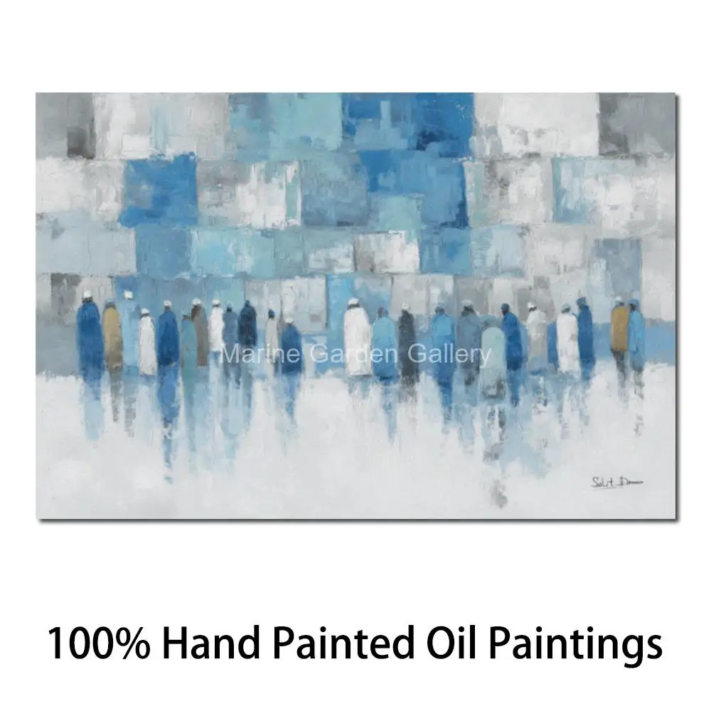 Hand Painted Textured Western Wall Jerusalem Oil Painting Blue Jewish Abstract Canvas Art Modern Judaic Dining Room Decor