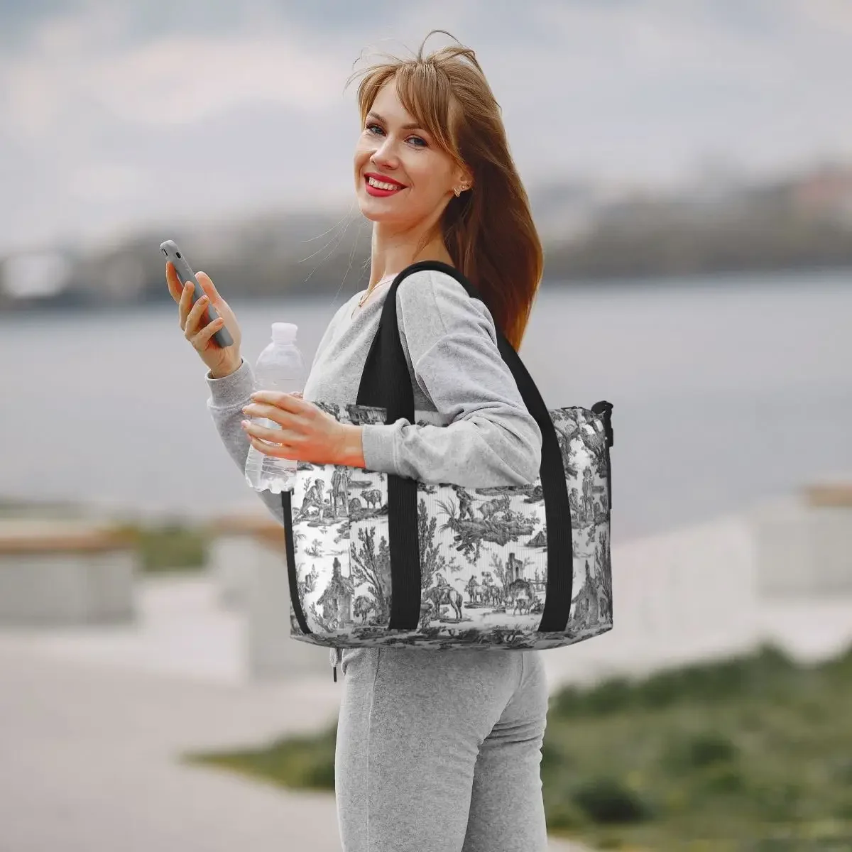 Custom Black And White Toile De Jouy Beach Tote Bag Women Extra Large Gym Carry On French Motifs Floral Travel Shopping Bags