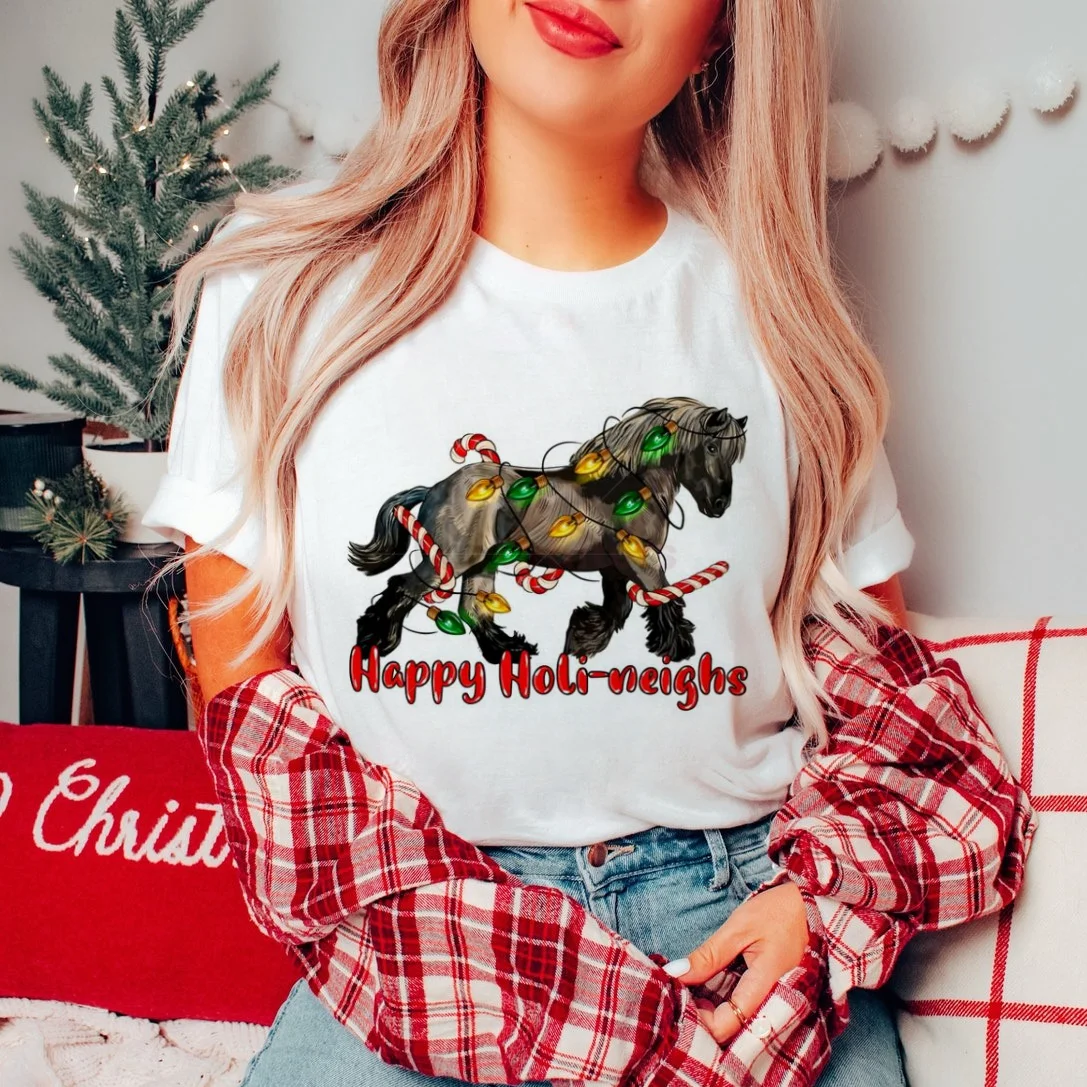 Happy Holineighs Christmas Lights Cartoon Pattern T-Shirt Printed O-Neck Christmas Fashion Versatile Top Happy New Year T-Shirt