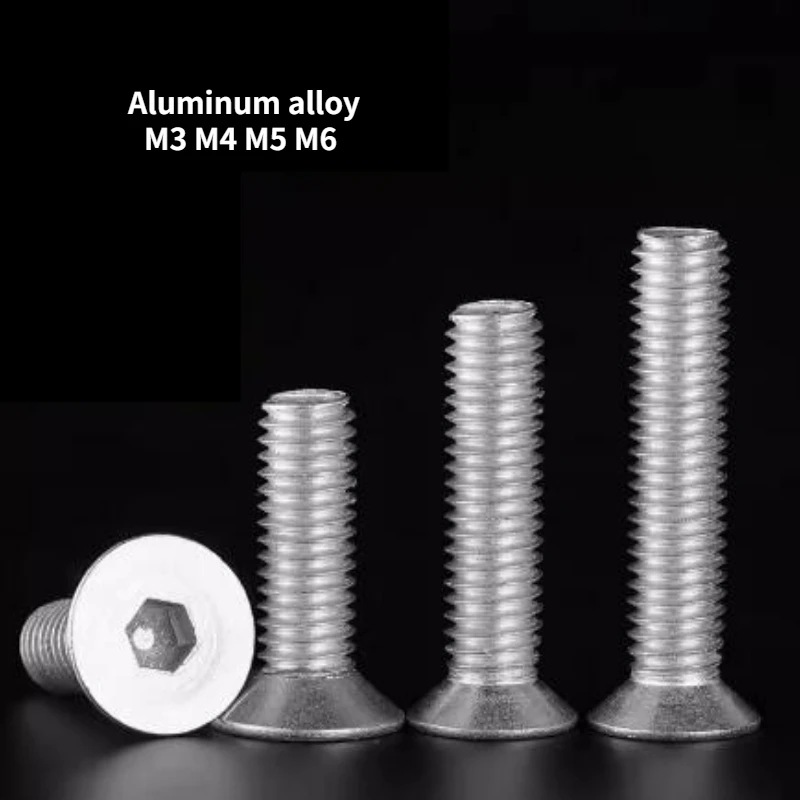 60-200pcs M3 M4 M5 M6 6061 Aluminum Alloy Countersunk Hexagonal Socket Screw Flat Head Bolt Thread Length 6mm-30mm