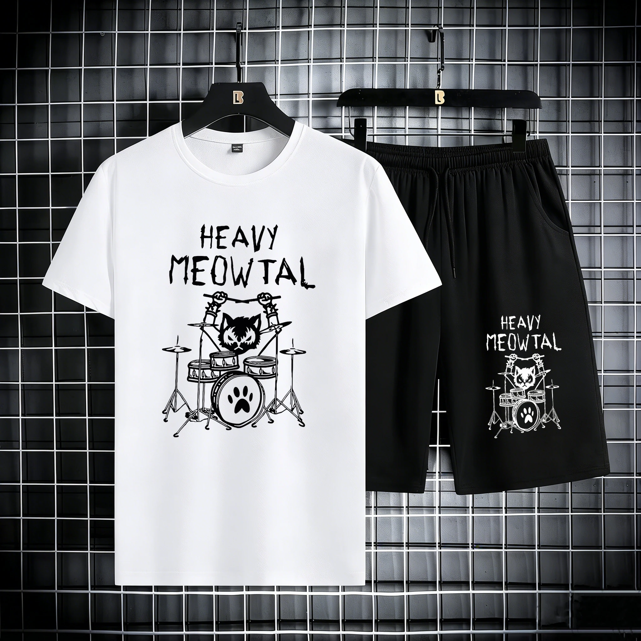 

Heavy Meowtal Cats Playing Drums Funny Design Man'S Cotton Summer Daily T-Shirt Set Simple Oversized Shorts Street Gym Tees