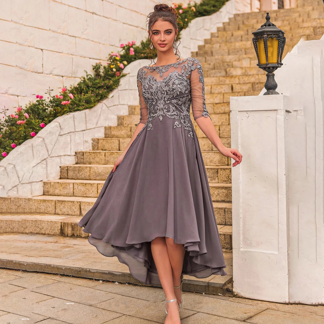 

Chiffon Mother of the Bride Dresses O-neck Half Sleeves Irregular Ruffles Prom Dress Elegant Appliques Groom Mom Evening Dress