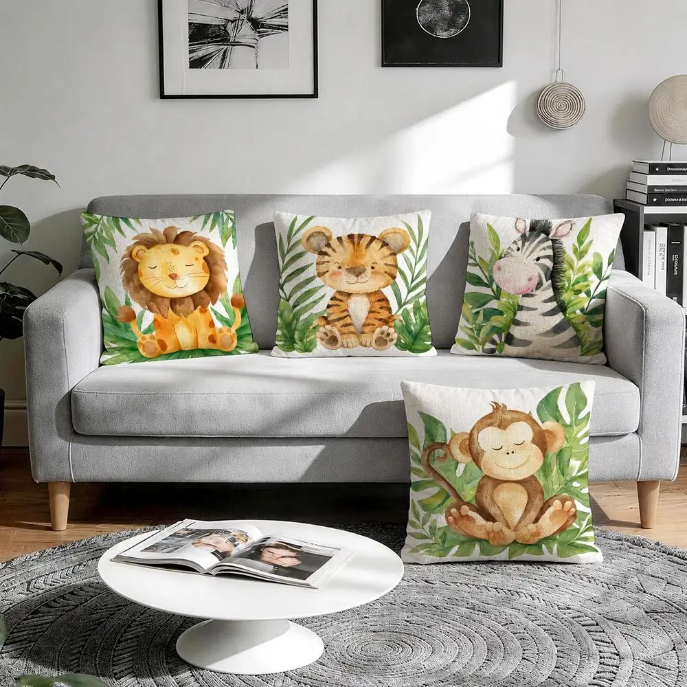 Jungle animal lion zebra monkey tiger Cushion Cover Natural Breathable Durable Linen Printed Decor Pillow Case Sofa Bedroom