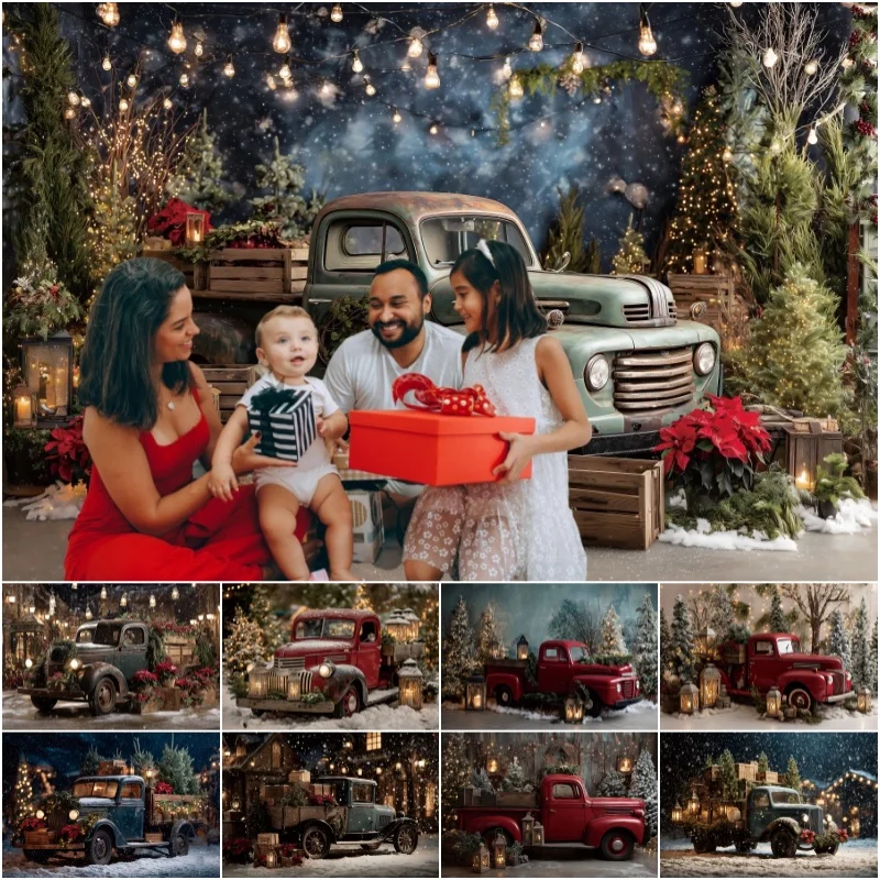 

Vintage Truck Christmas Backdrop Xmas Tree Gifts Festival Party Decor Baby Photo Photography Background Studio Shooting Props