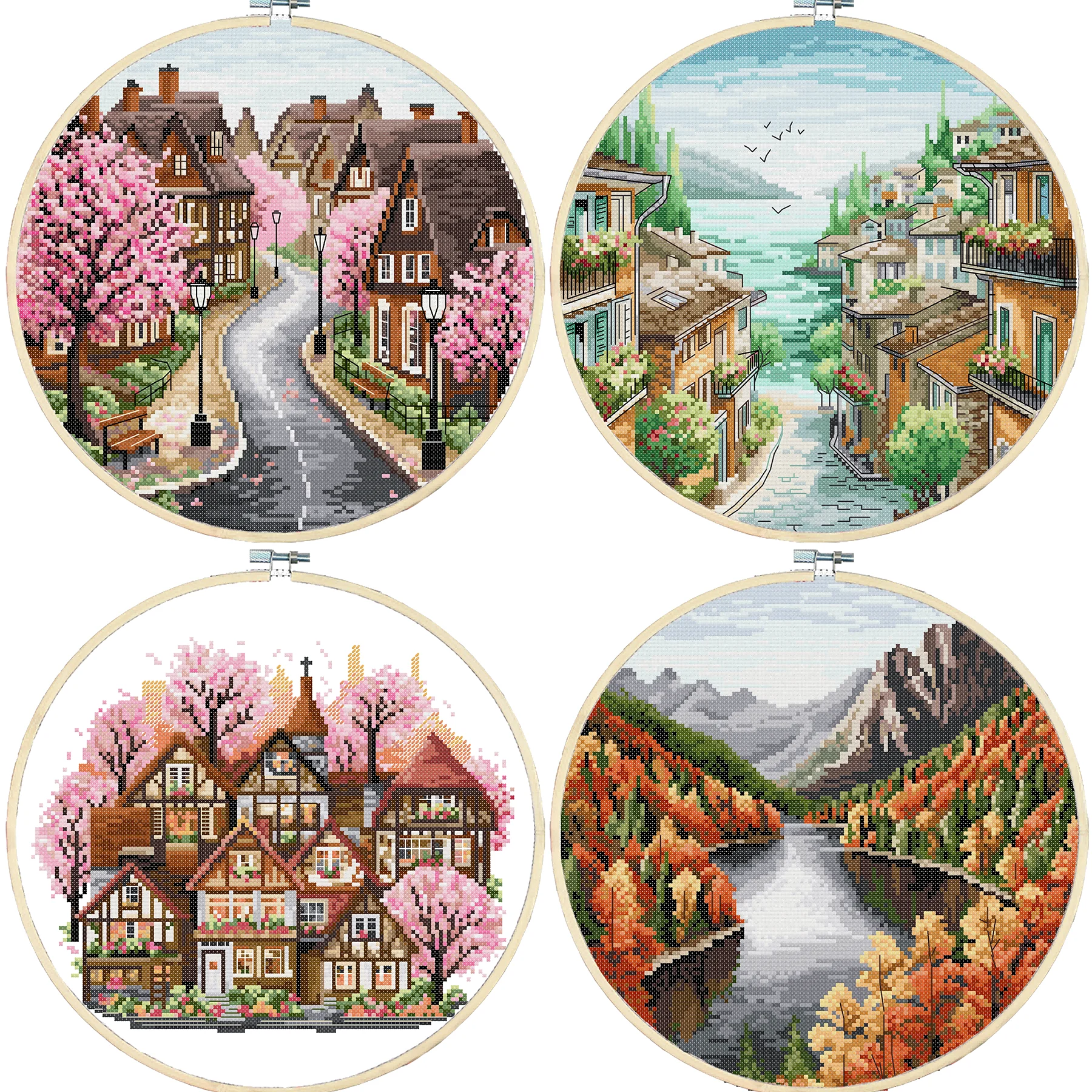 

Soulgift News Набор для вышивки крестом с предварительной печатью, набор для вышивки из ткани с штампованным рисунком Aida - улица, коттедж, озеро