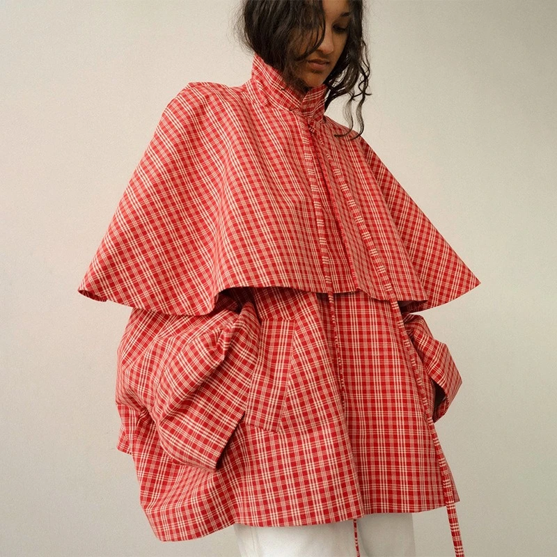 

Fashionable Loose Fit Red Plaid Jacket Stand Collar Button Oversized Pockets Coat 2026 Women's Elegant Casual Spring Daily Coats