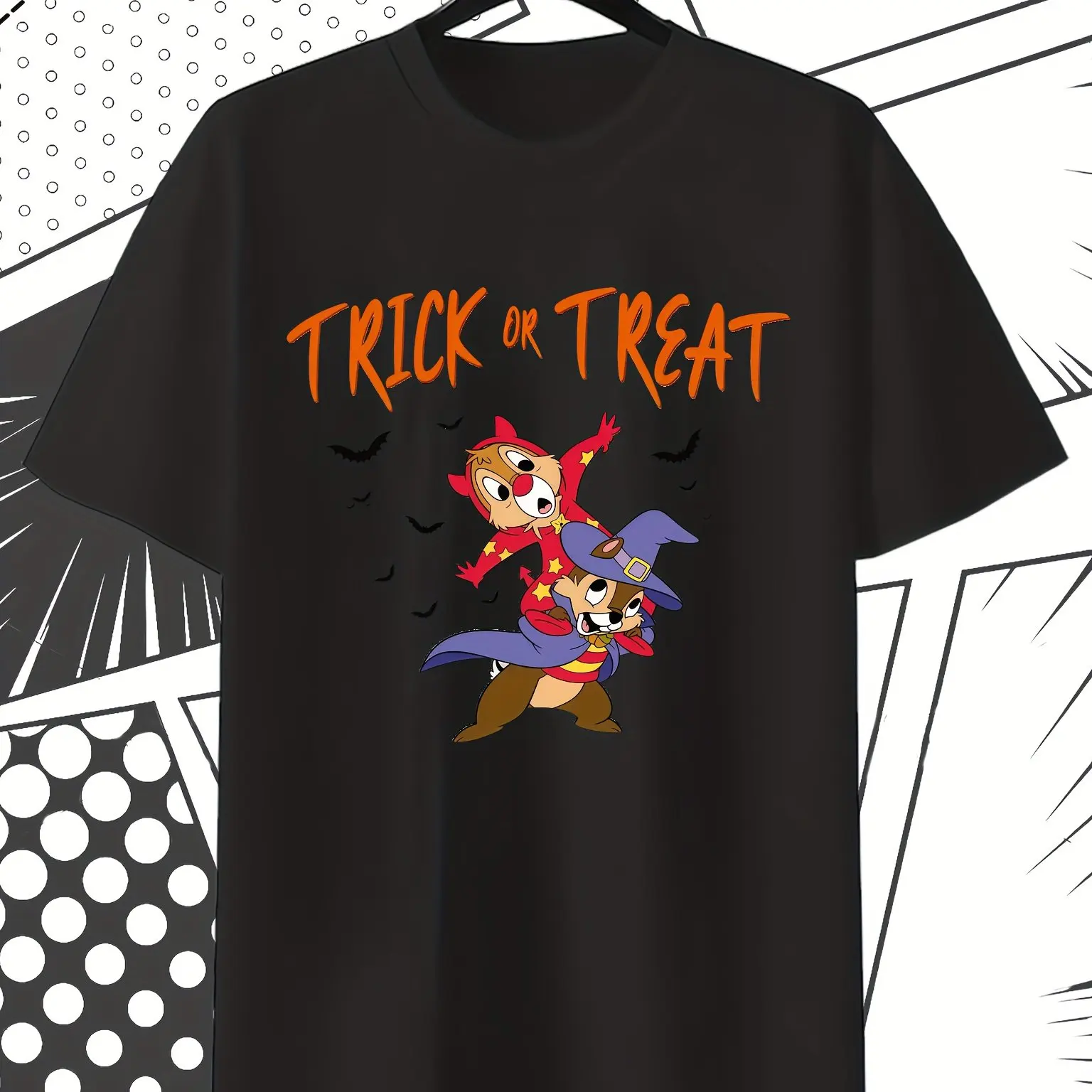 تي شيرت ديزني تشيب آند ديل للهالوين - تي شيرت ناعم برقبة دائرية وأكمام قصيرة مع أنماط لطيفة وخفافيش مخيفة - كاجوال #1