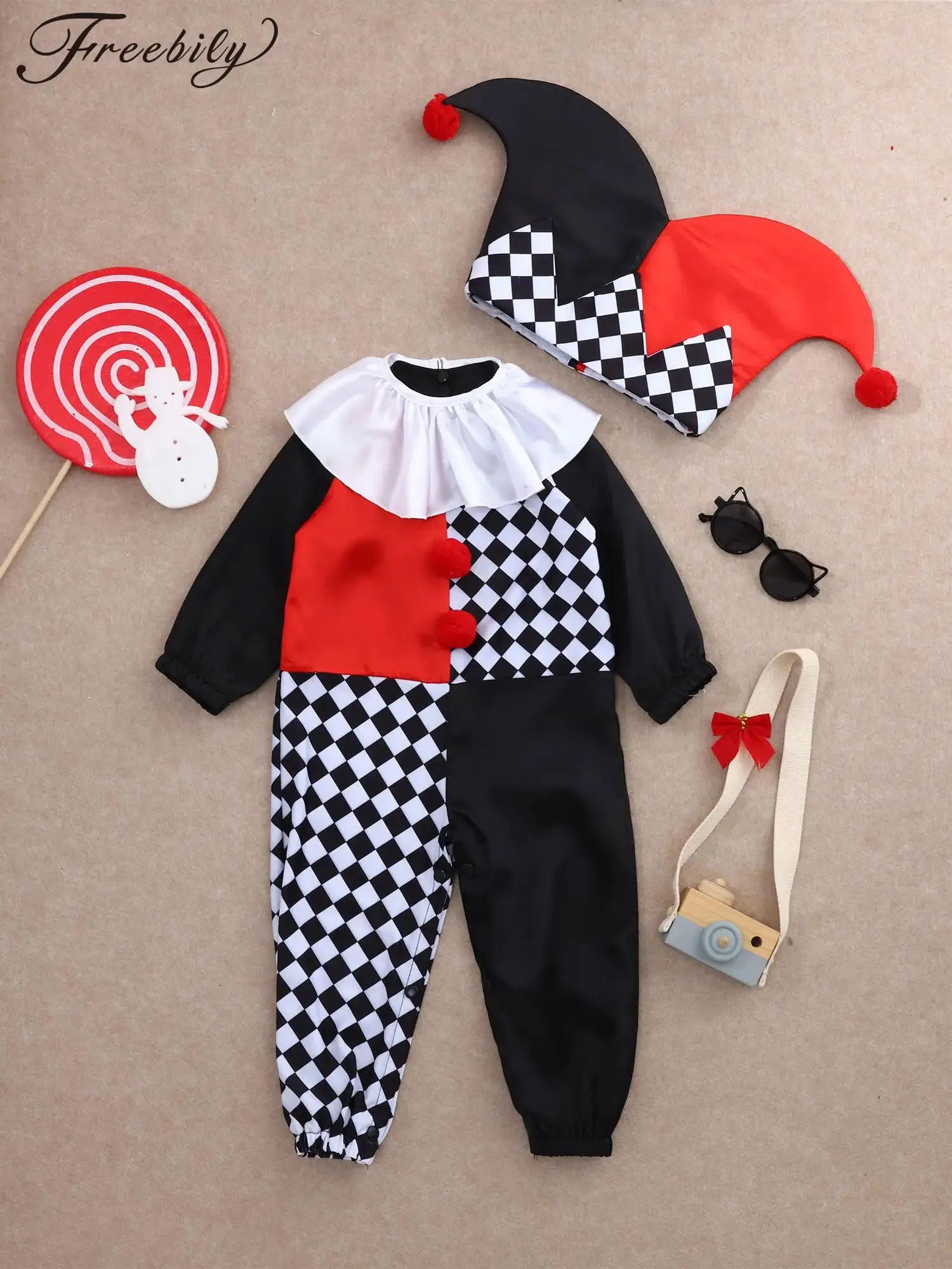 

Baby Circus Clown Costume Children Halloween Carnival Party Joker Cosplay Dress Up Long Sleeve Pompom Jumpsuit with Collar Hat