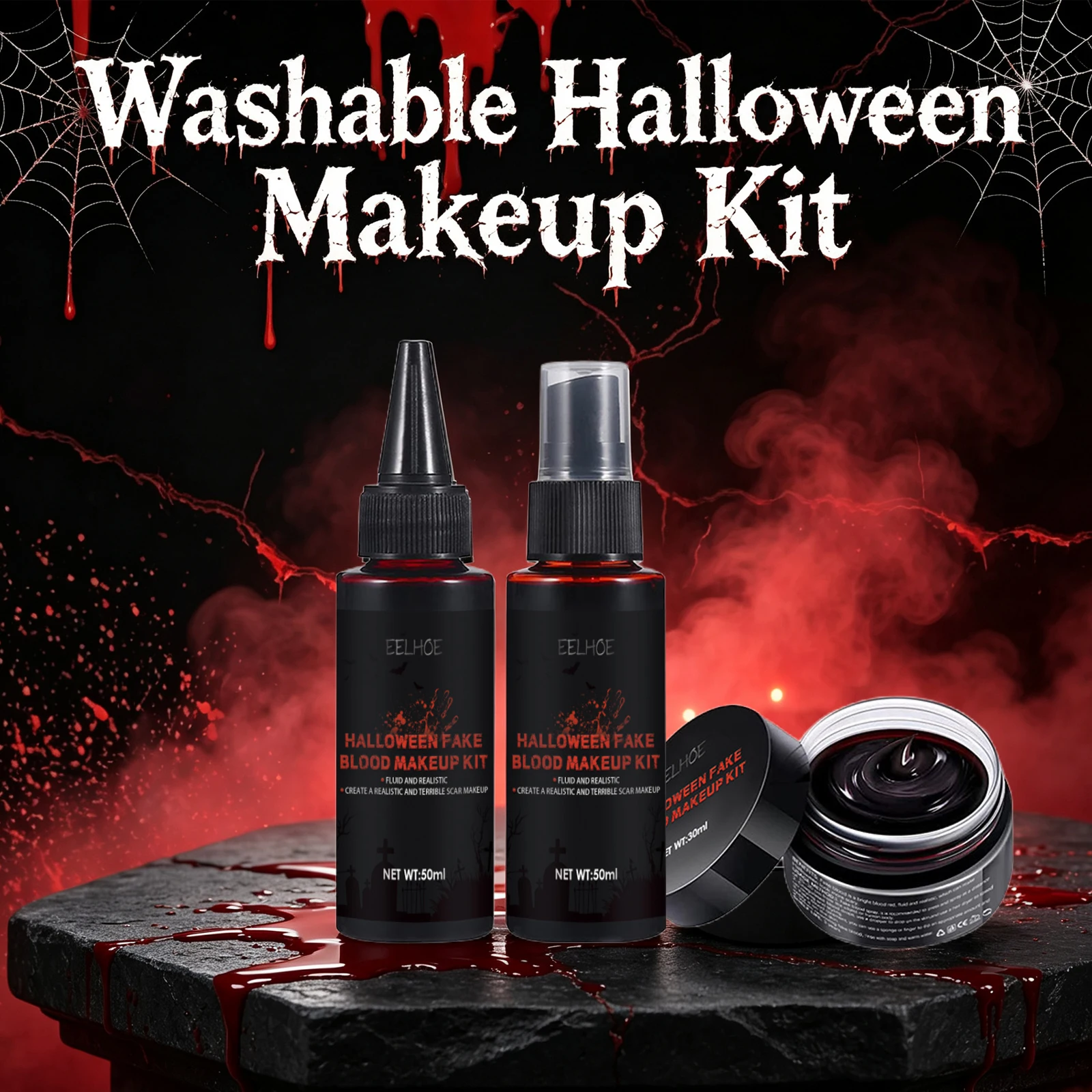 Halloween Fake Blood Makeup Kit Realistic Washable Fake Scar Wound Paint Spray Drops Thick Blood Paste Vampire Cosplay Make Up
