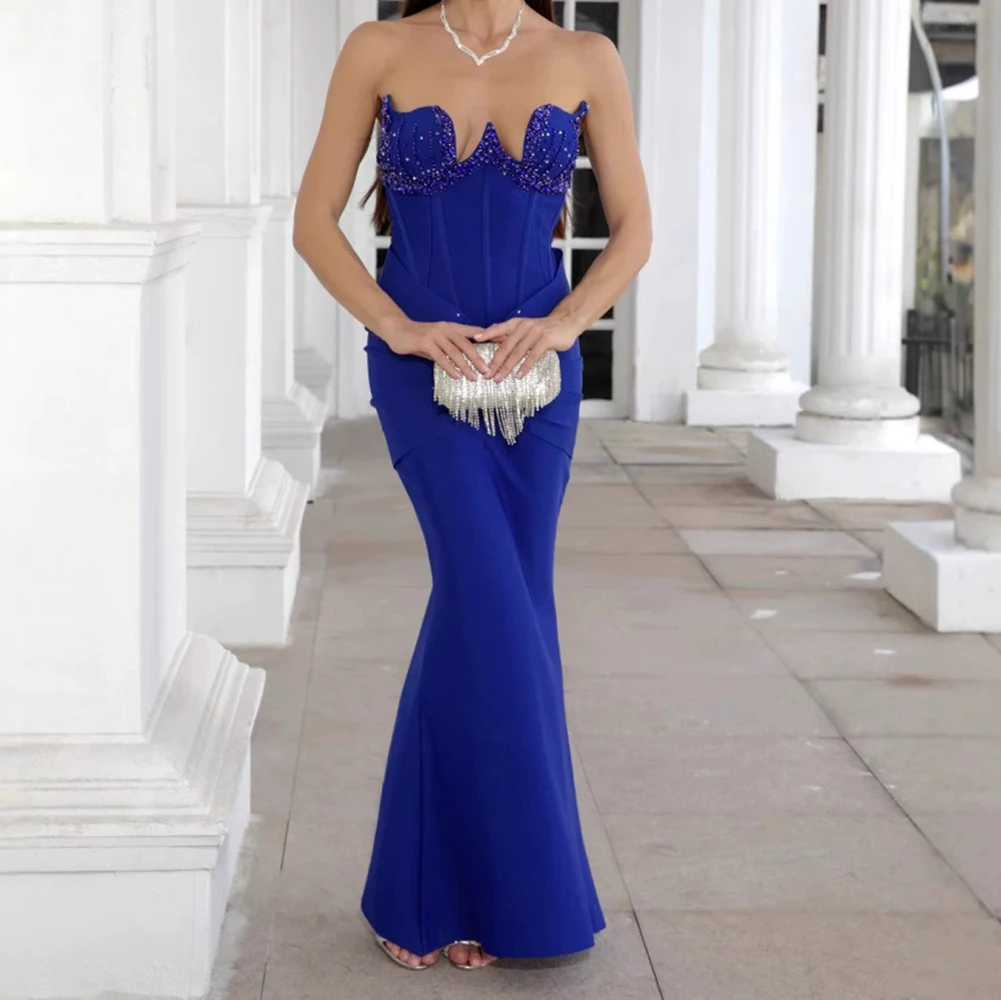

Sapphire Blue Sequin Bandage Strapless Evening Dress Slim High-end Dinner Party Wedding Dress-GZXX756
