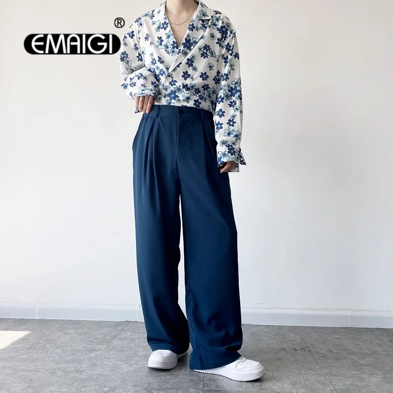 

Vintage Blue Casual Suit Pant Men Fashion Loose Wide Leg Trousers Man Korean Streetwear Straight Suit Pants Male