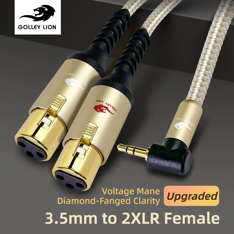 Upgraded 3.5mm to 2XLR Female Cable GOLLEY LION 90° Angle Gold-Plated HiFi for Microphones/Speakers