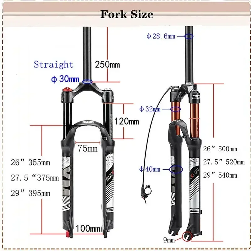 BUCKKub-Fourche à suspension pneumatique pour VTT, fourche de vélo XC, droite et conique, 26/27 