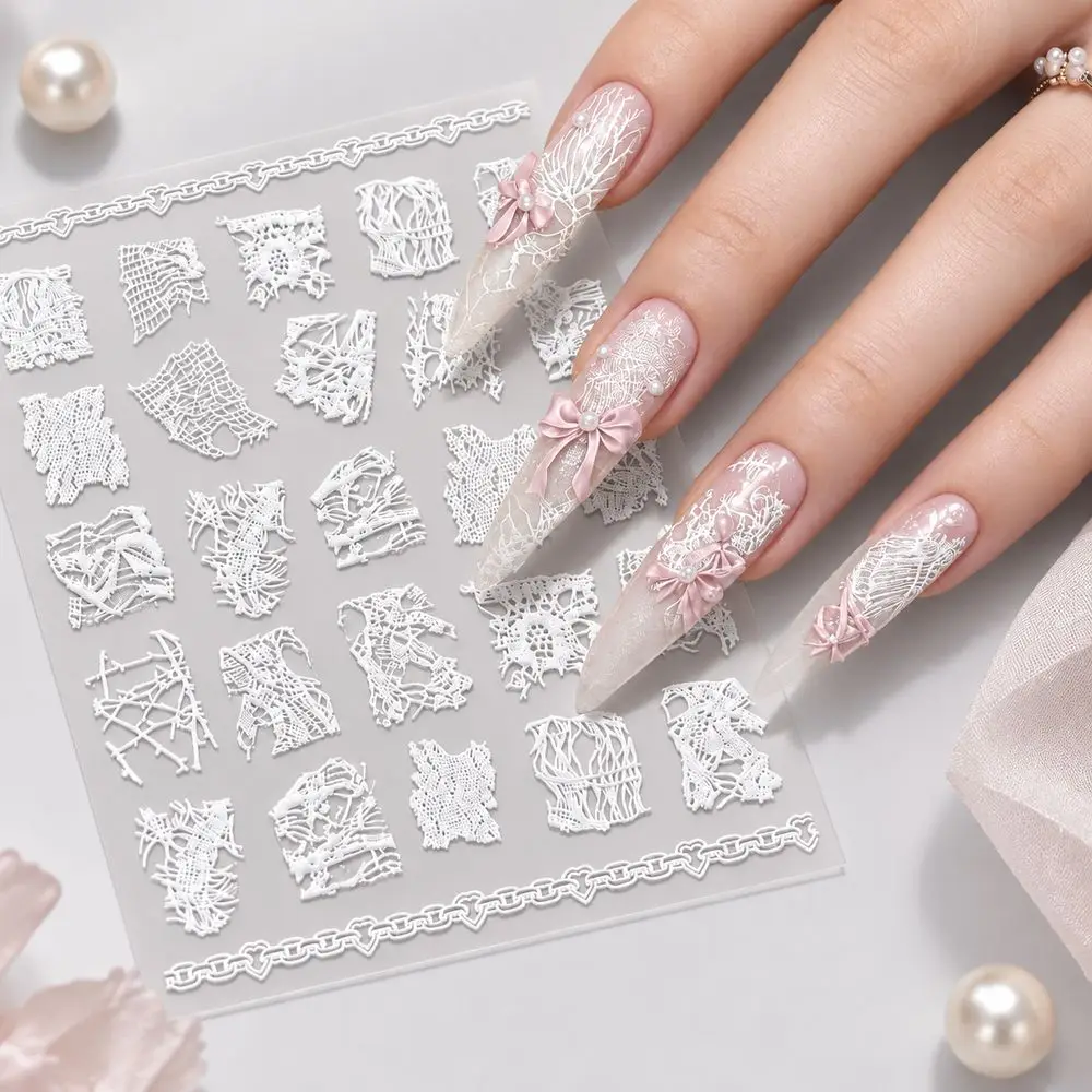 1Pc Premium 5D White Lace Nail Stickers High Quality Embossed Nail Decals Self-Adhesive Realistic Lace Effect for Nail Art DIY