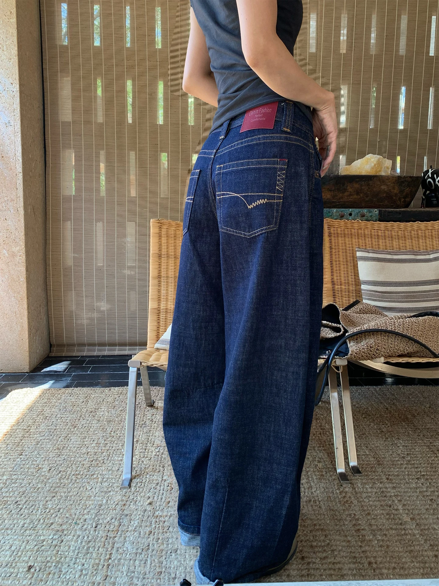 

Classic Heavyweight Washed Denim Jeans Women's Loose Casual Wide Leg Pants All Seasons Versatile Simple Design Cotton Blend