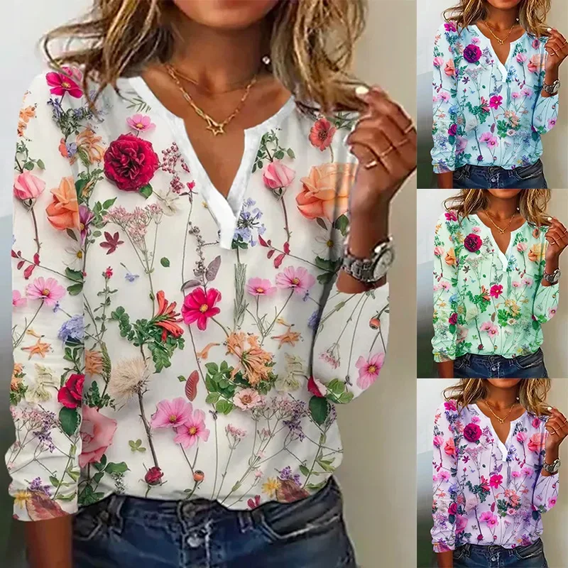 

2024 New Autumn Trendy Independent Station Printed V-neck Long-sleeved T-shirt Top Fashionable and Elegant Women's Clothing