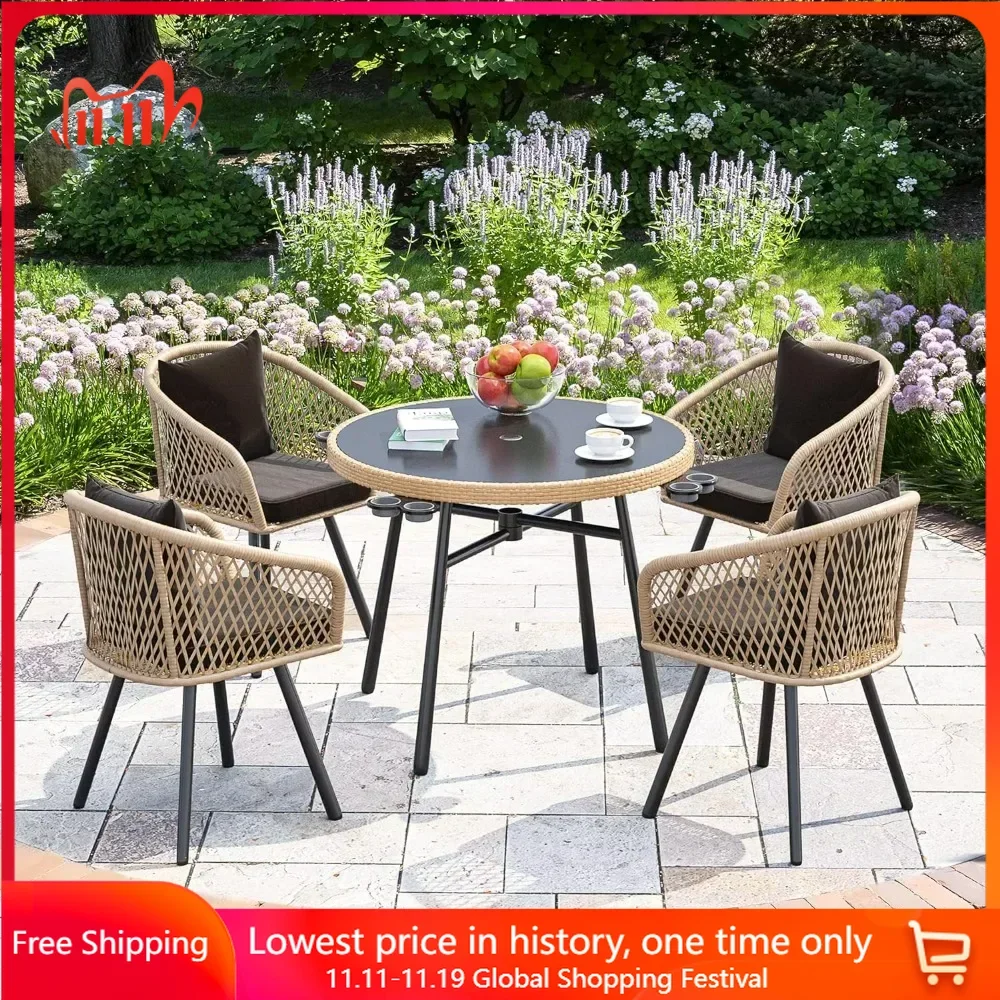 

Outdoor Dining Set,with Umbralle Hole,Dinging Set For With Cup Holders Soft Cushions And Glass Top Dining Table,patio Furniture