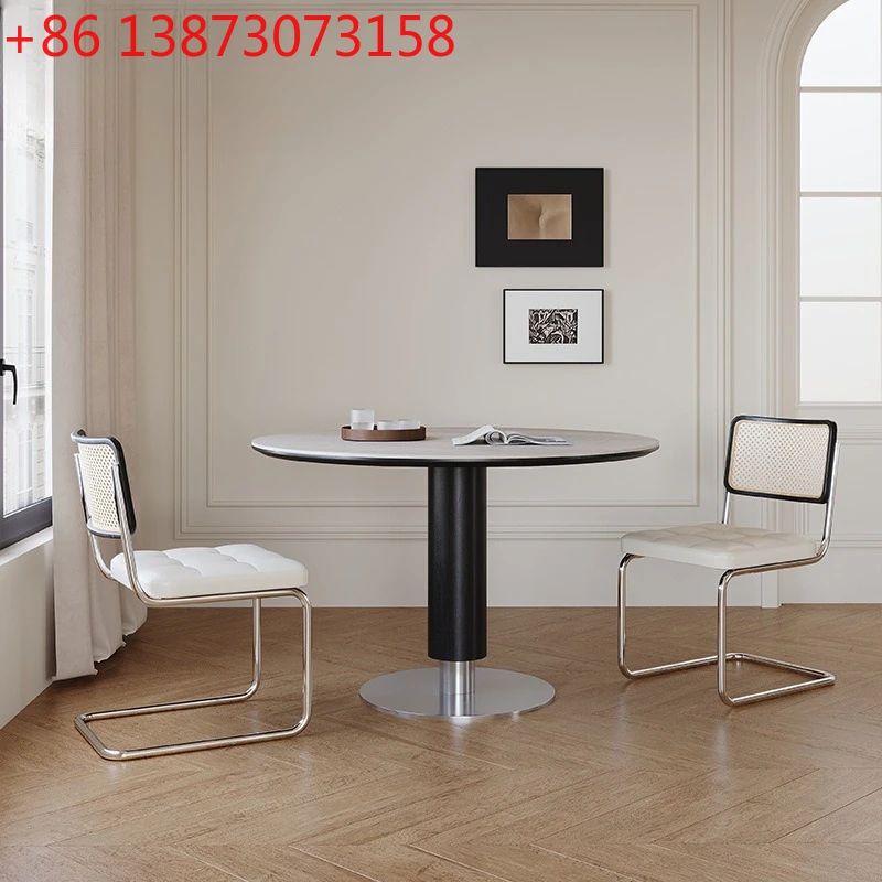 

Solid wood rock slab dining table, antique small apartment household round dining table, modern simple stainless steel negotiati