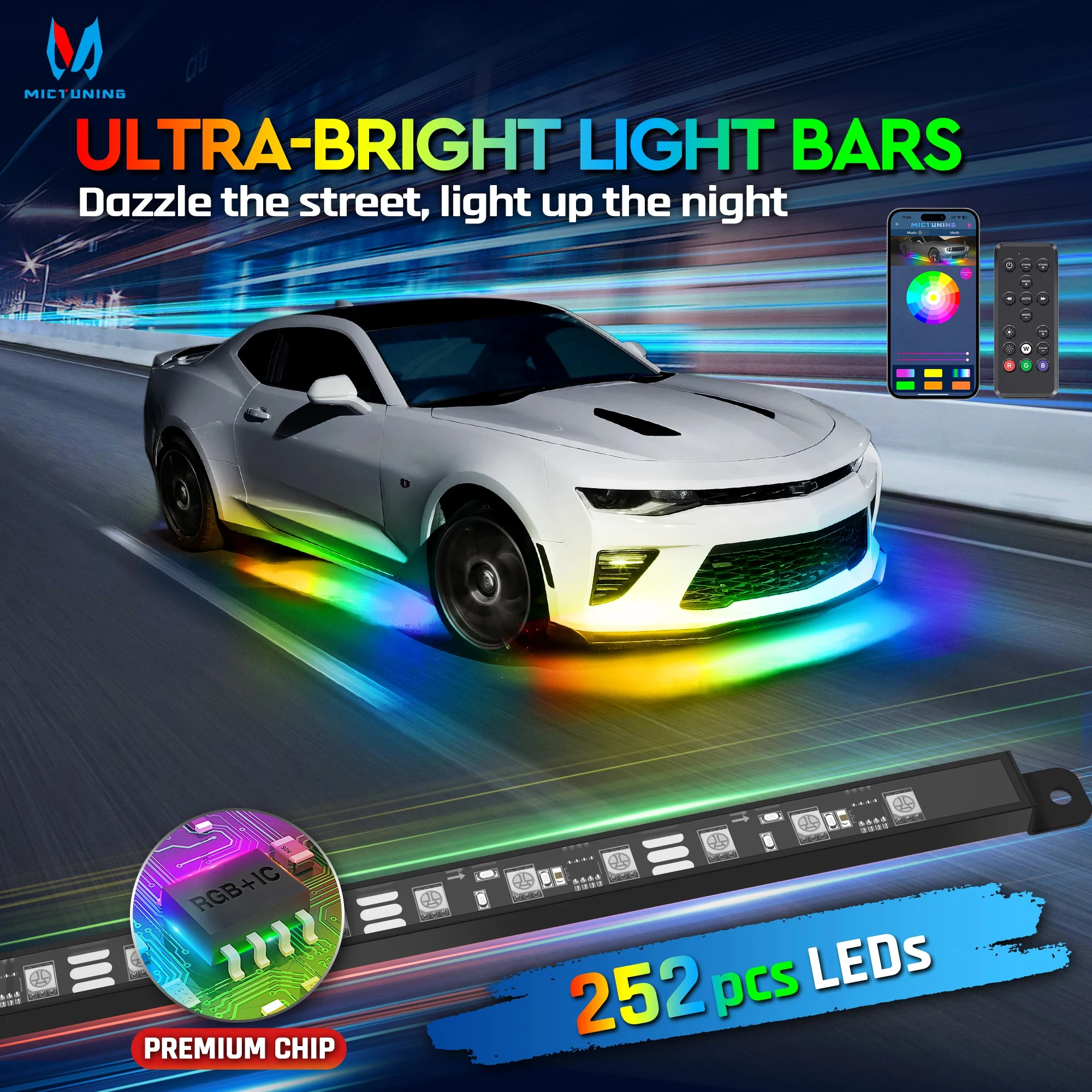 MICTUNING RGB+IC LED N8 Car Underglow Light Bar Kit Waterproof Wireless App & Remote Control For Cars Mercedes-Benz Rolls Royce