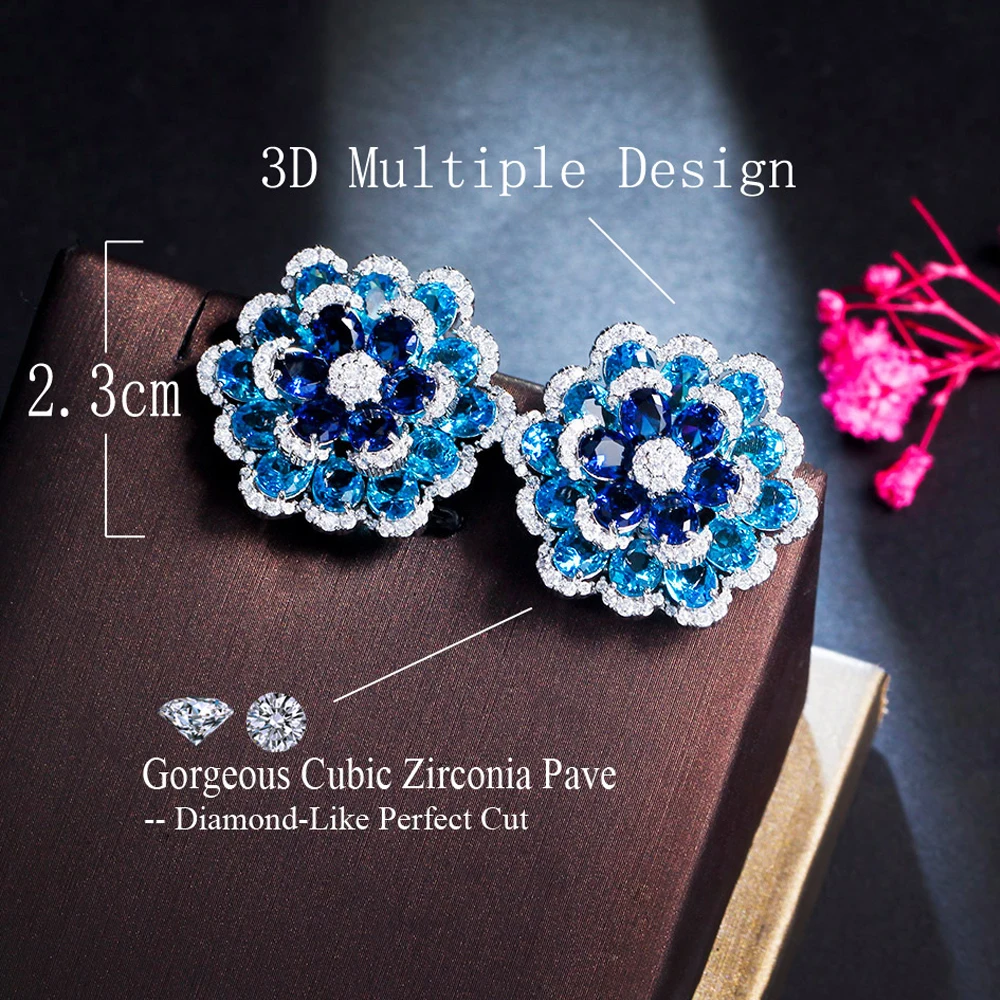 ThreeGraces Beautiful Blue CZ Zircon Silver Color  Big Flower Stud Earrings for Women Luxury Wedding Engagement Jewelry E1792