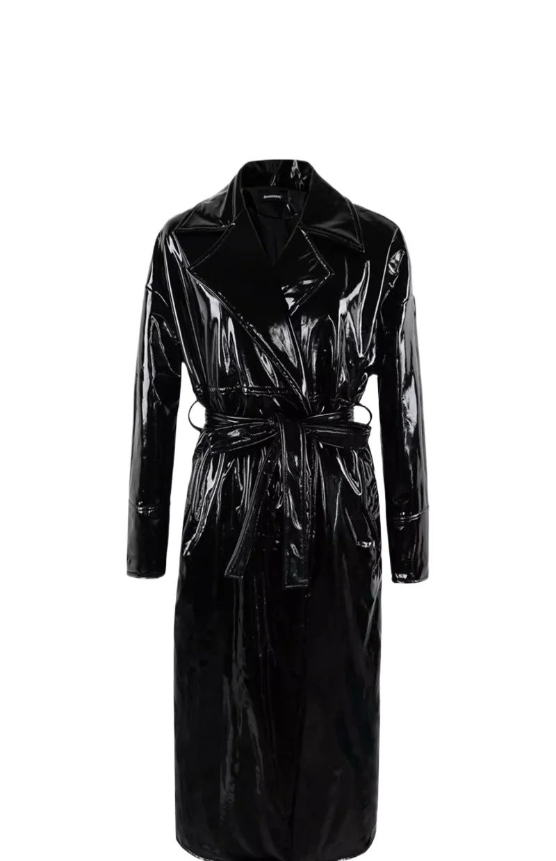 

Spring Autumn Black Pu Leather Trench Coat Women White Bright Topcoat Leather Trench Coat Sashes Chic Overcoat Runway Fashion