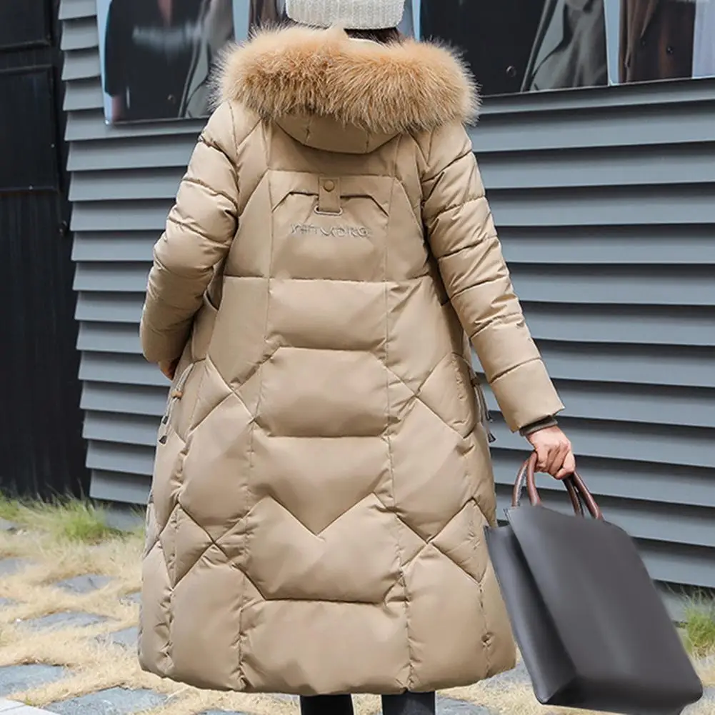 Winter Women Long Parkas Solid Color Long Sleeves Knee Length Furry Hood Cotton Coat Slim Waist Zipper Button Closure Outerwear