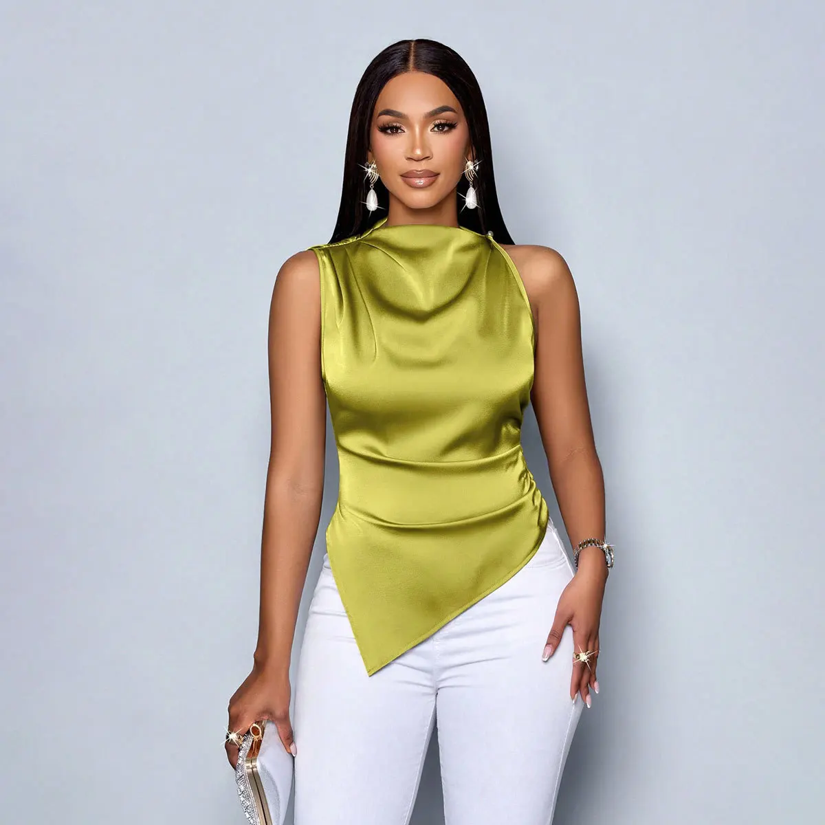 

2026 Summer Women's New Satin Shirt Women's Asymmetrical Satin Shirt Women's Top Design Niche Women's Blouses And Shirts