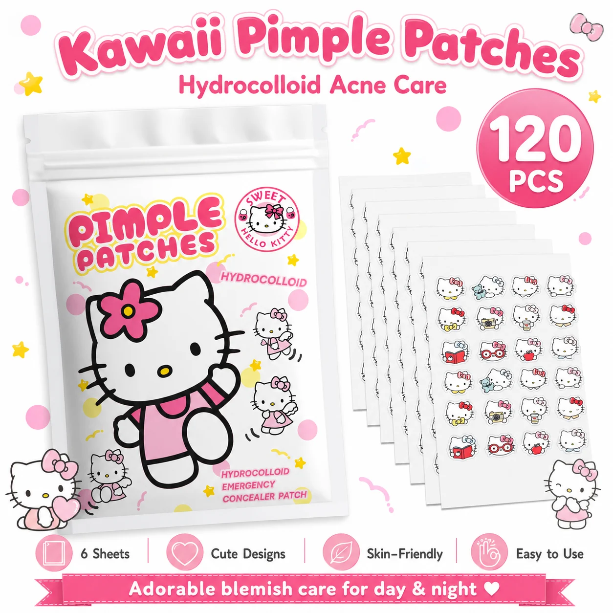 120PCS Hello Kitty Series Acne Patches, Hydrogel Acne Patches, Skin Concealer Patches