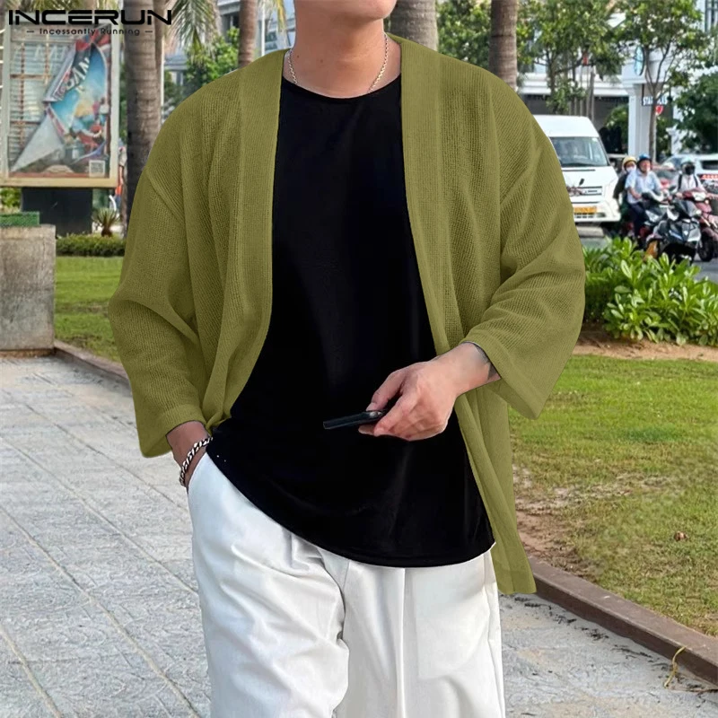 

INCERUN Men Shirt Solid Color Open Stitch 3/4 Sleeve Loose Casual Male Cardigan Streetwear 2025 Fashion Men Clothing Outerwear