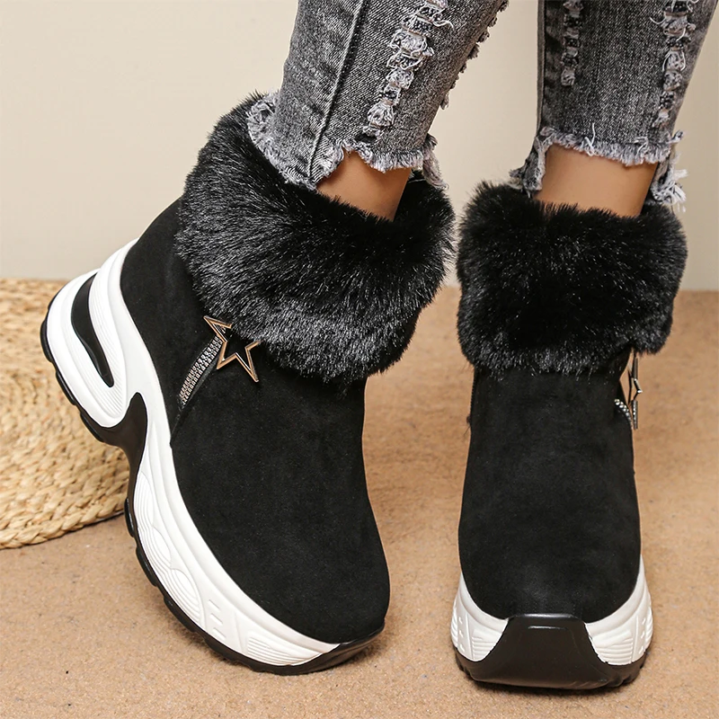 Fashion Metal Star Snow Boots Women Chunky Platform Black Fluffy Boots Woman Winter 2025 Zip High Heel Plush Warm Booties Female