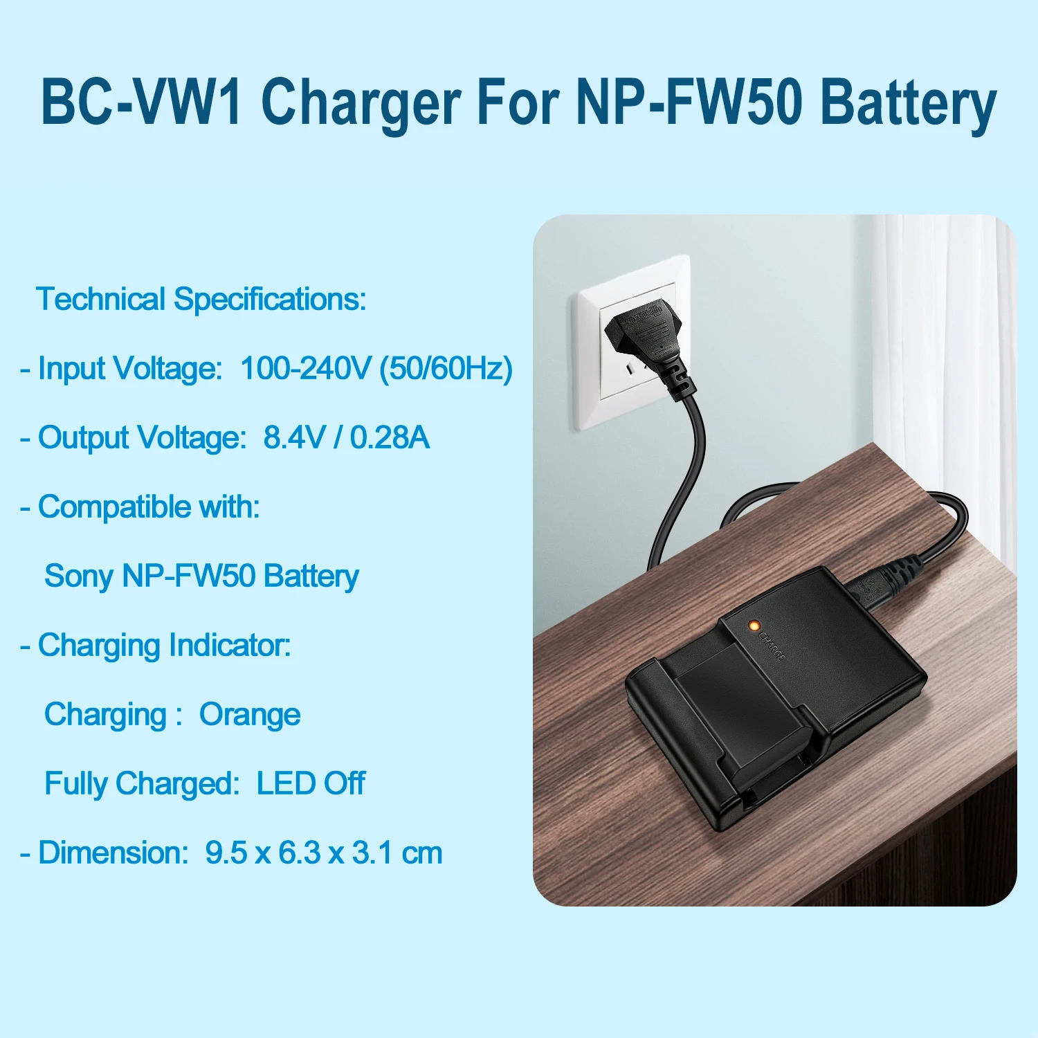 BC-VW1 Batterieladegerät für Sony NP-FW50 Akku für A5000 A5100 A6000 A6300 A6500 A6400 A7R A7S A7 A7M2 A7R2 A33 A35 A37 Kamera – Detail 5
