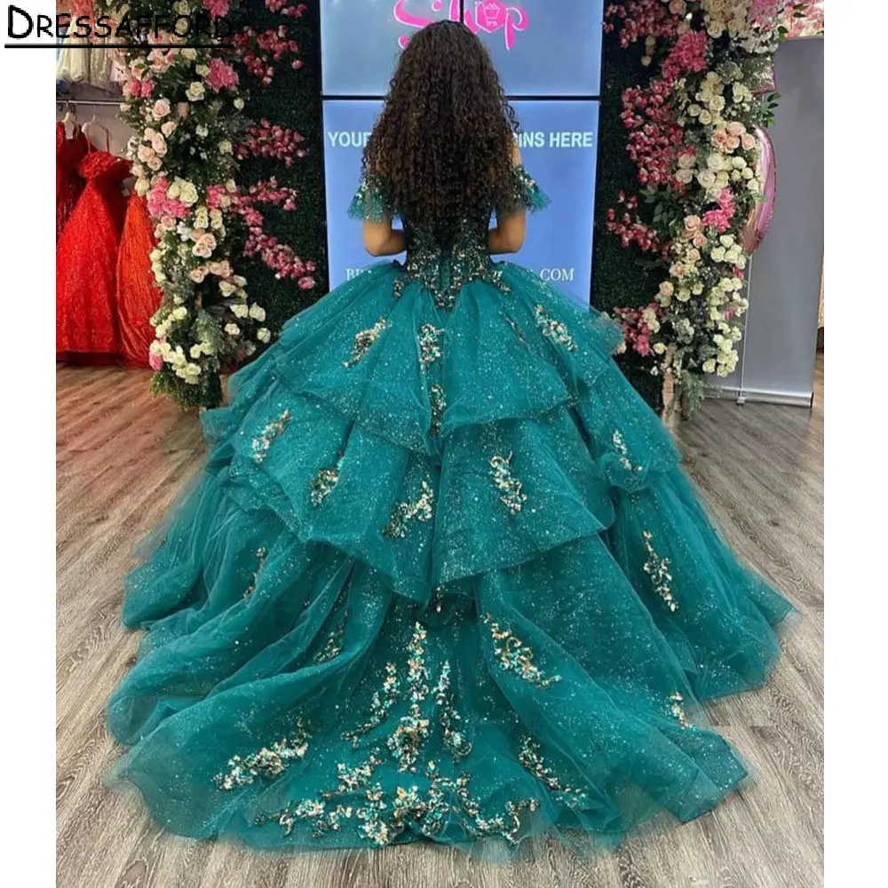 Emerald Green Beading Crystal Ruffles Quinceanera Dress Ball Gown Off The Shoulder Gold Appliques Corset Vestidos De Quinceañera