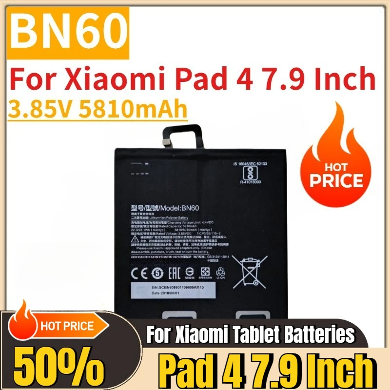 

Tablet Battery 3.85V 5810mAh BN60 for Xiaomi Pad 4 7.9 Inch Replacement Battery Brand-New High Quality