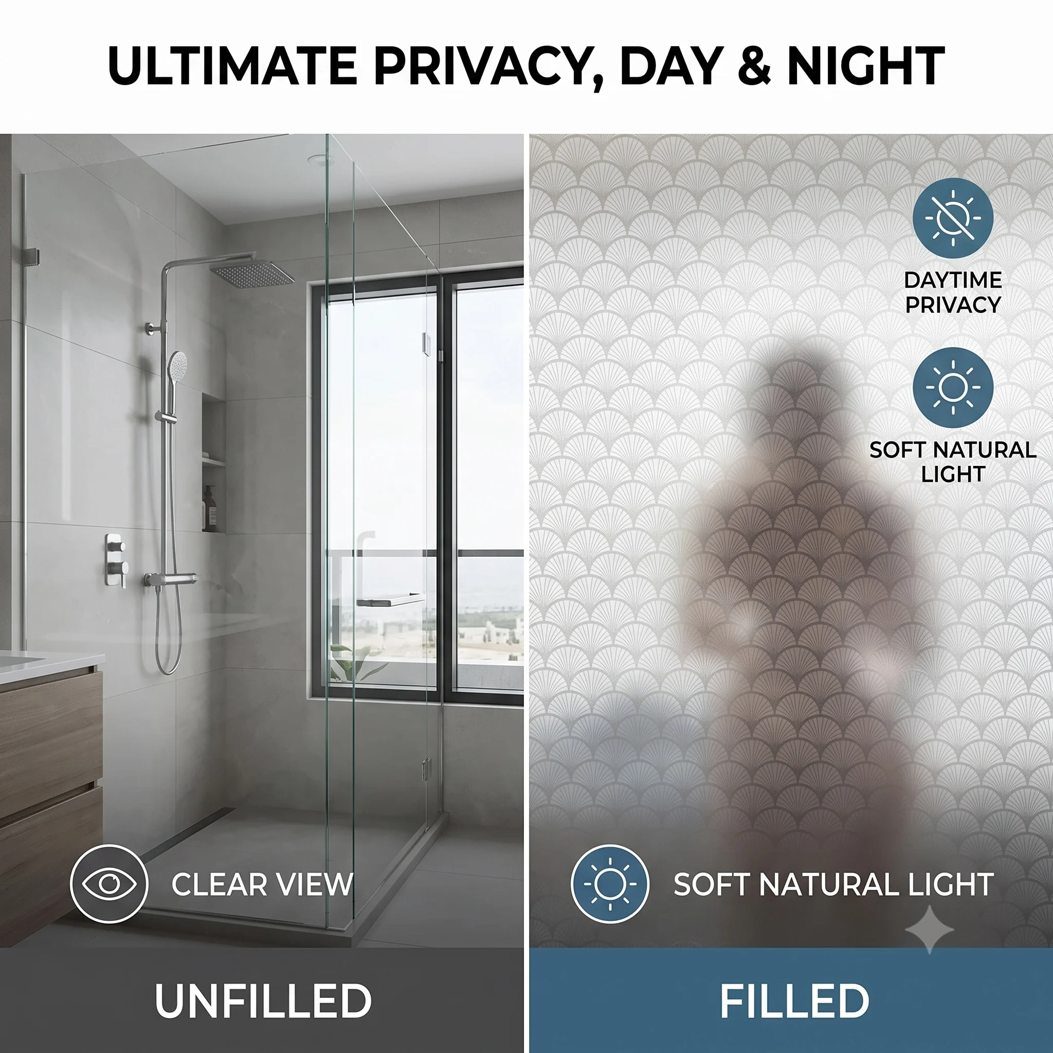 Geometric Fan Pattern Self-Adhesive Window Film Day & Night Privacy Glass Sticker Anti-UV Waterproof Peel & Stick Bath Decal