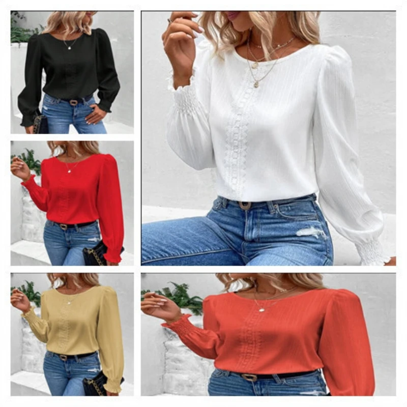 Elegant Women\'s Long Sleeved Shirt Spring/Summer 2023 Round Neck  Casual Solid Color Blouse Office Lady Clothing S-2XL