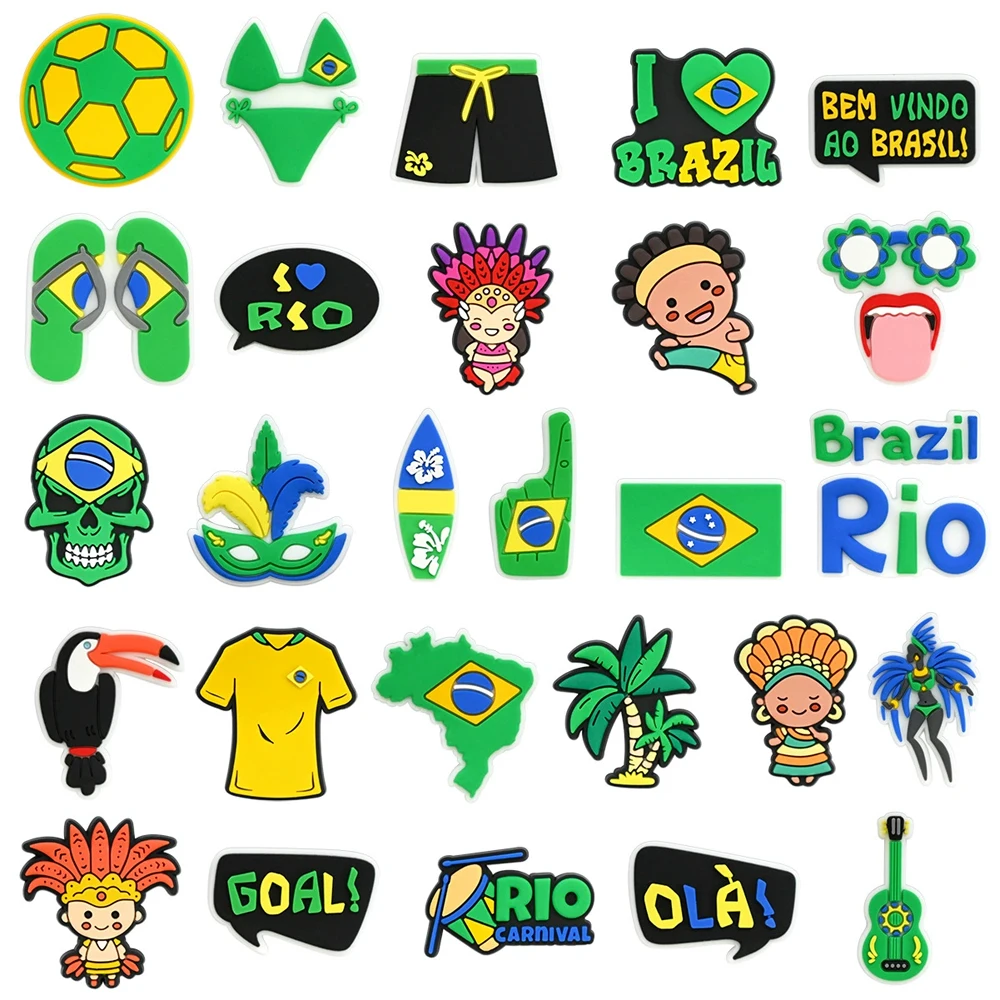 5-28PCS Brazil football national flag Shoe Charm Wholesale PVC Decor Buckle Sandal Bag Wristband Detachable Waterproof XMAS Gift