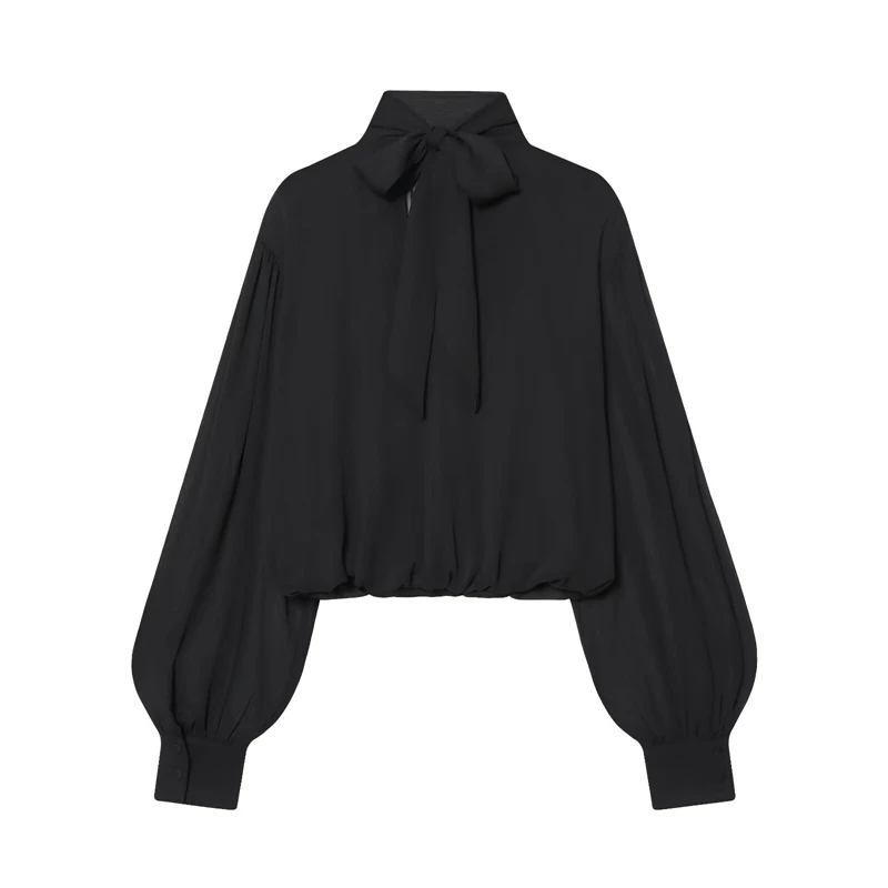 

2025 NEW High-Quality Fashion Women's Black Bow Tie Neck Blouse Sheer Puff Sleeve Cropped Chiffon Top for Party Office