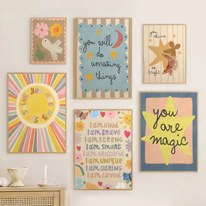 Retro Trendy Unicorn Butterflies and Flowers Floral Affirmation Poster Canvas Paintings Wall Art Pictures Home Nursery Decor
