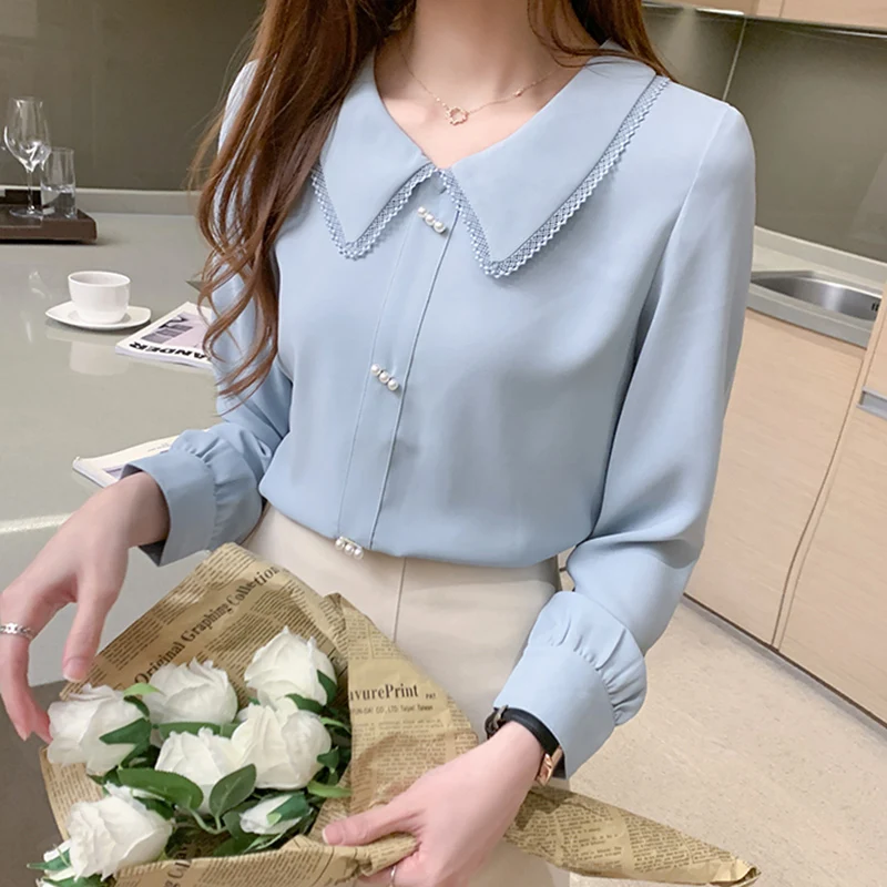 Sweet Peter-pan Collar Blouses Women Chiffon S-3XL Simple Design Ladies OL Long Sleeve Gentle Tender Ins Elegant Lovely Lady New