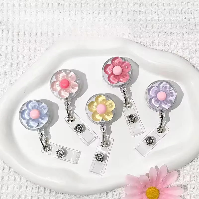 Cute Floral Retractable Badge Reel Transparent Pull Buckle ID Card Holder for Women Doctors Nurses Workers Office Supplies