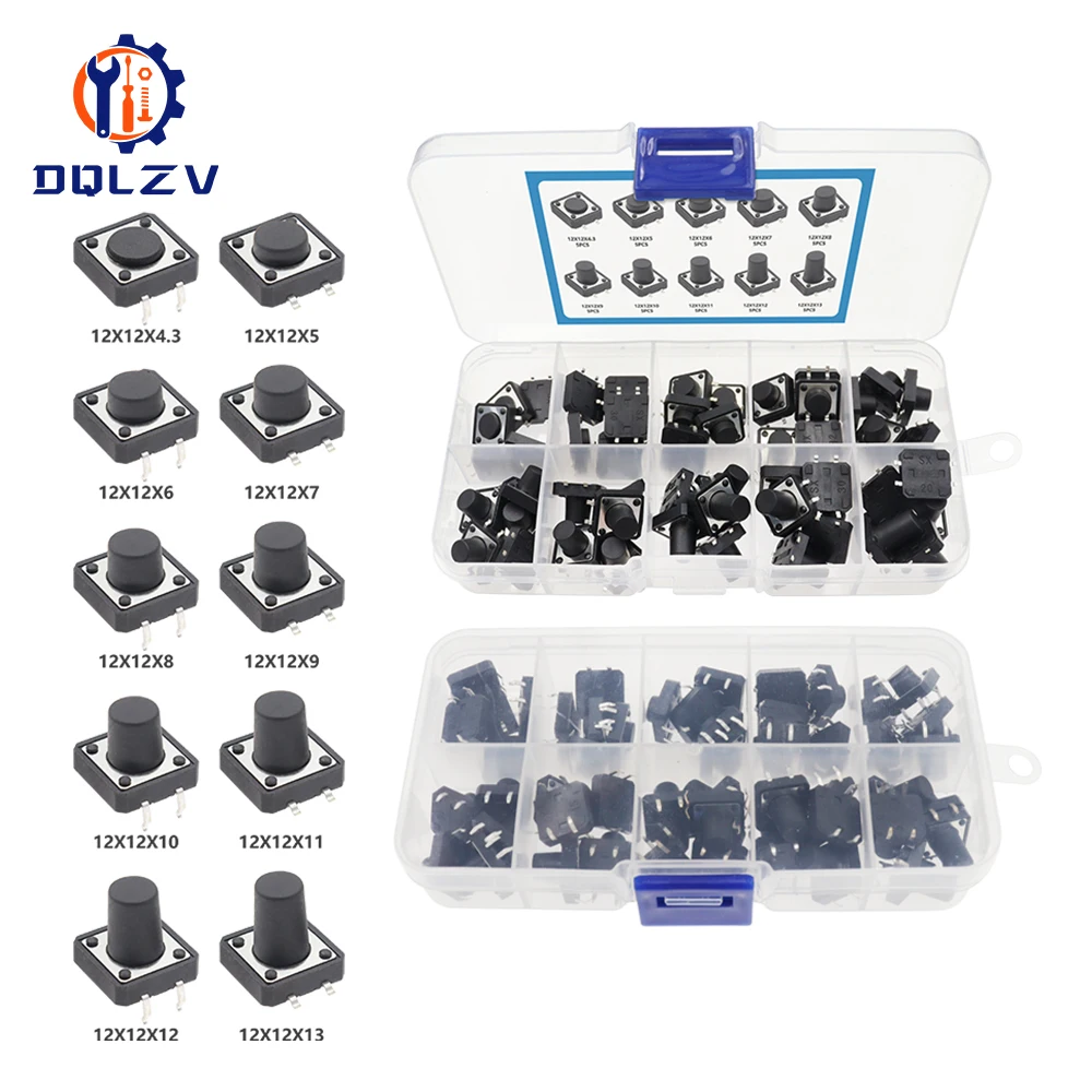 

50PCS 12X12X4.3MM DIP Tact Switch Tactile Push Button Switch Kit Height: 4.3 5 6 7 8~13MM SMD 4P Micro Switch 12*12*5 Key Switch