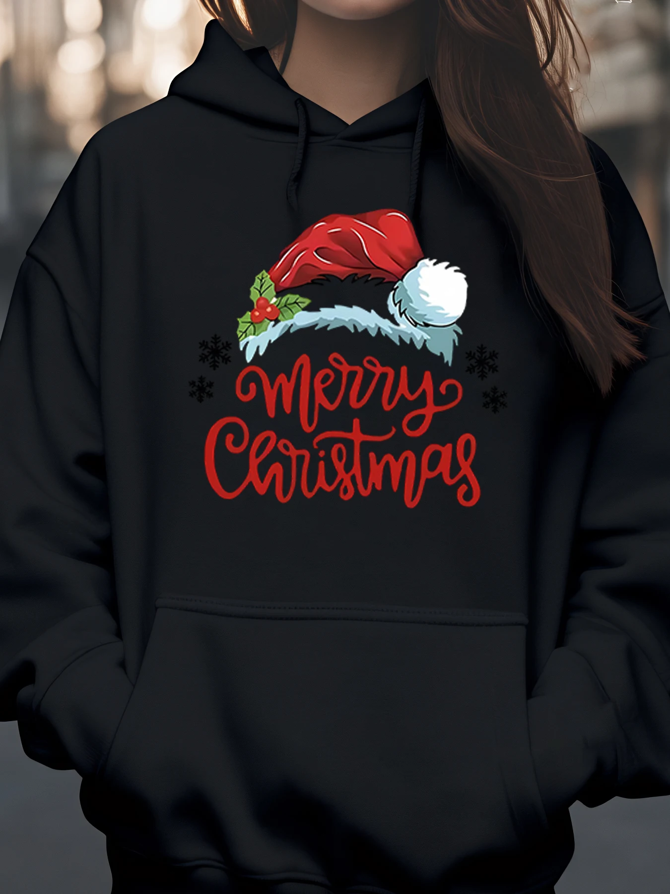 

Рождественская шапка с рождественским принтом, толстовка с капюшоном, праздничная повседневная одежда для женщин