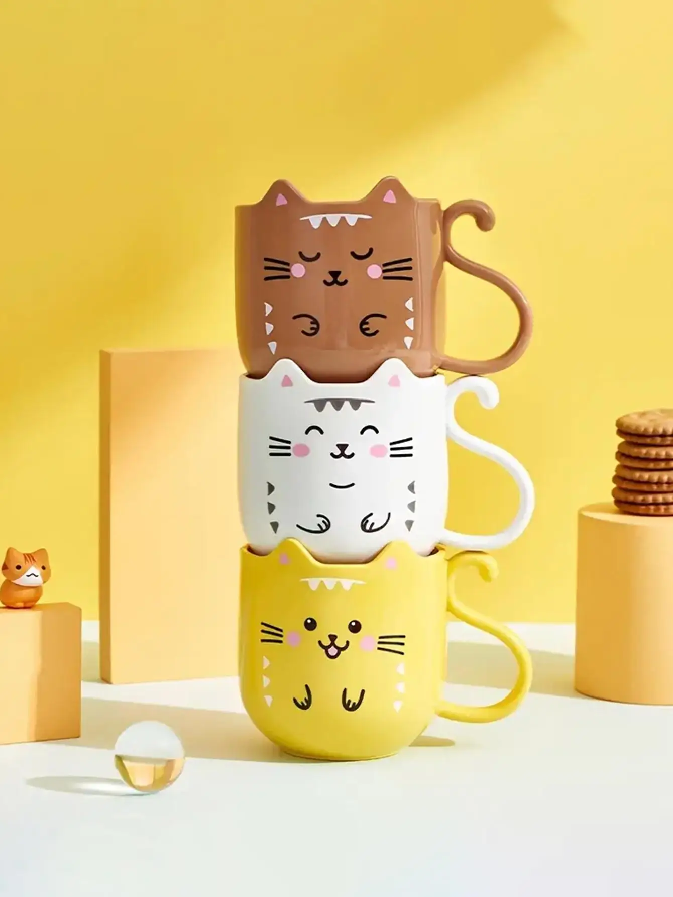 Creative Couple Teeth Brushing Cup for Home Use, Cute Drop Resistant Wash Mouth Cup, Cartoon Cat Mark Cup, Bathroom Teeth Brushi