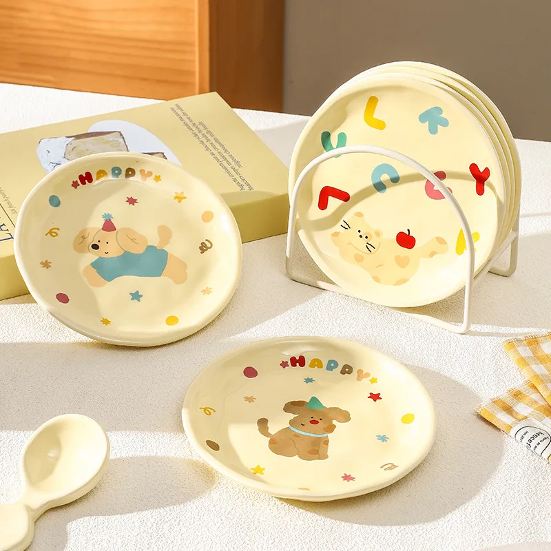 Cute Cat Dog Cream Small Dish,Household Ceramic Dining Plate Snack Plate,Dining Table Bone Garbage Storage,Kitchen Decoration